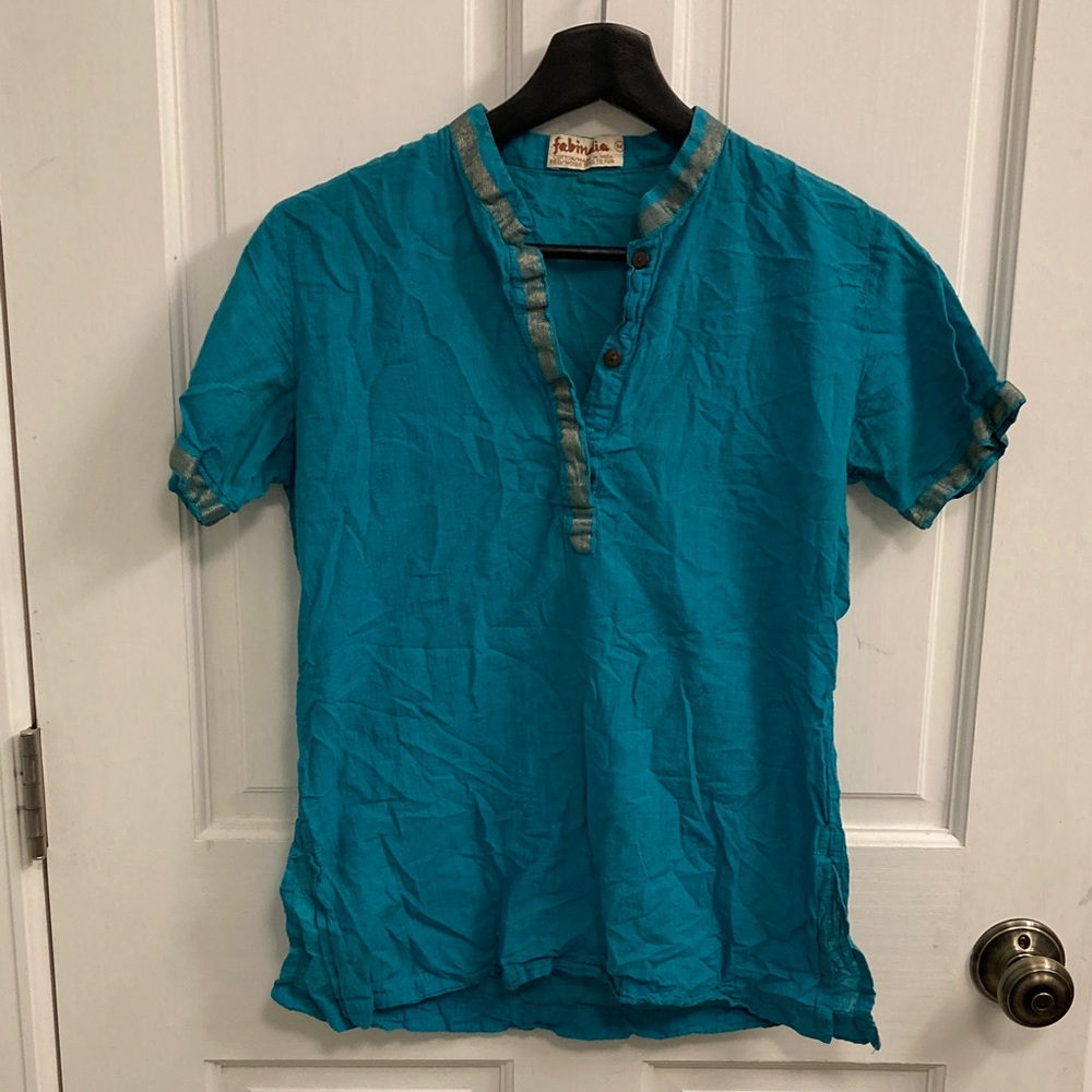 fabindia Teal Short-Sleeve Henley with Olive Trim